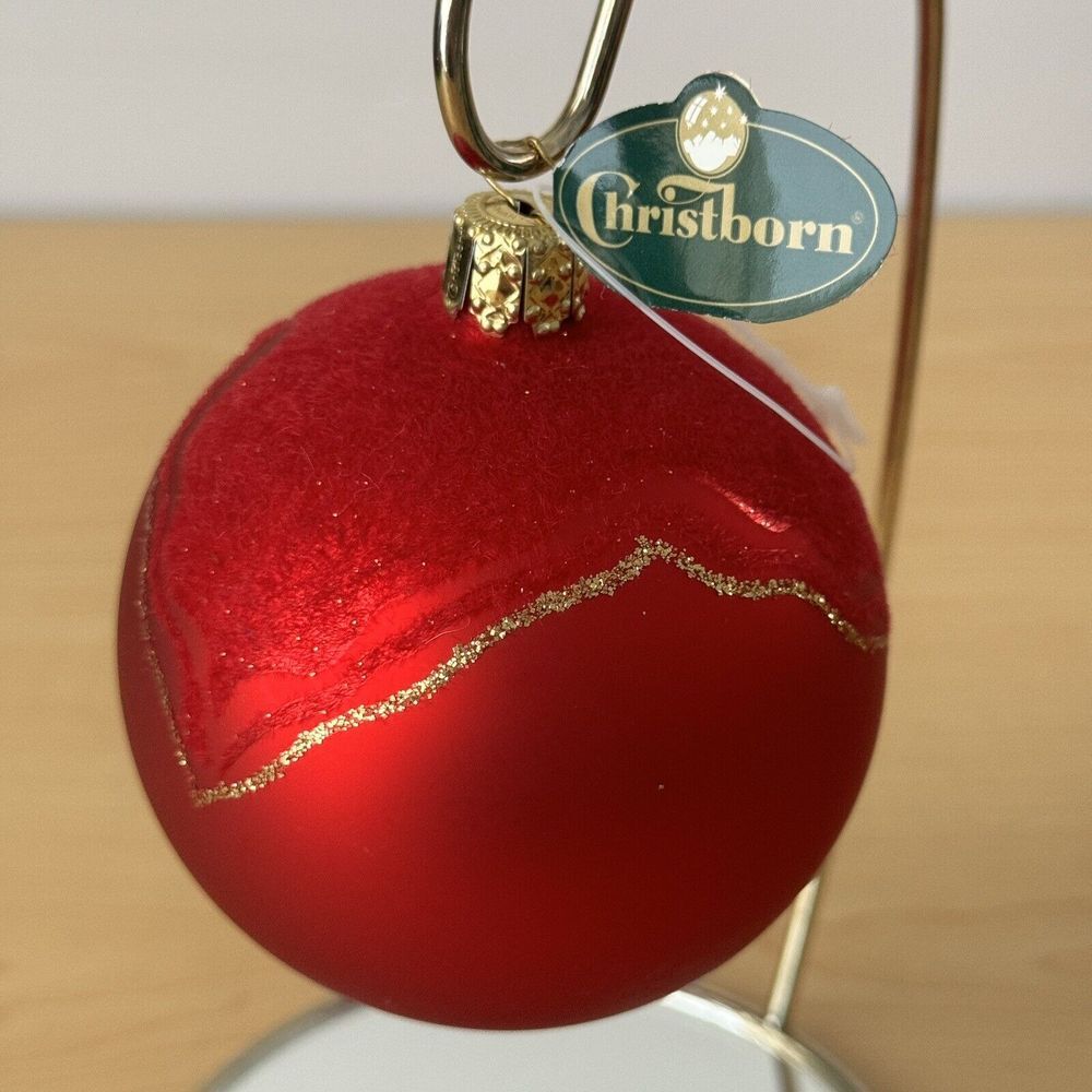 New CHRISTBORN Blown Glass Xmas Ornament Ball Red‎ Flocked Gold Glitter Germany